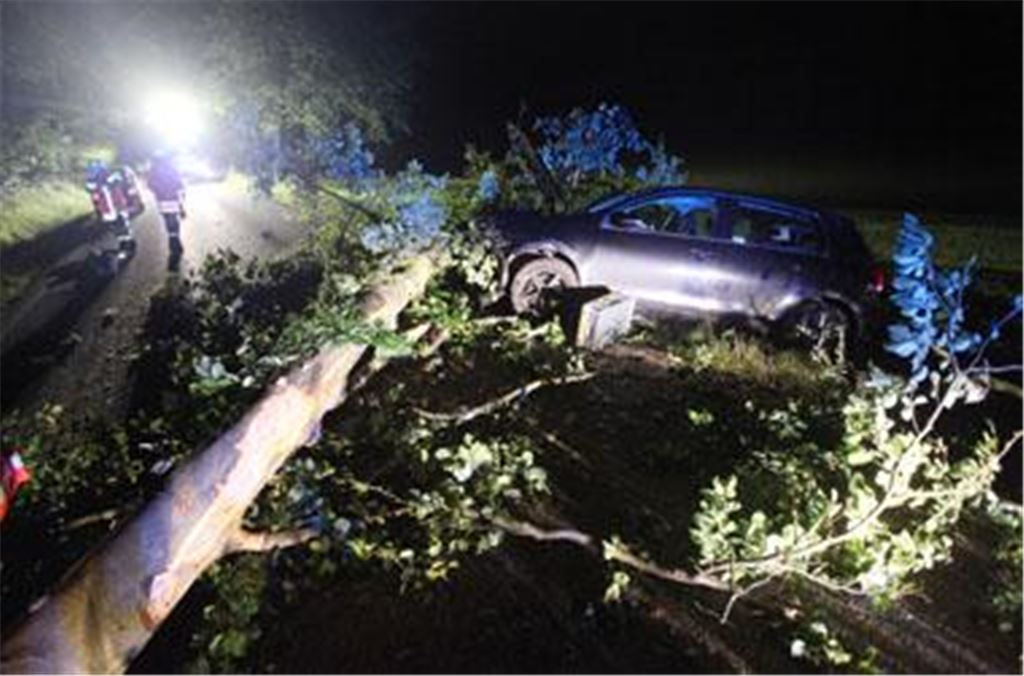 Total demoliert: Mit großer Wucht kracht der Wagen des 22-Jährigen in den Baumstamm, der als Hindernis quer über der Straße liegt. Foto: privat