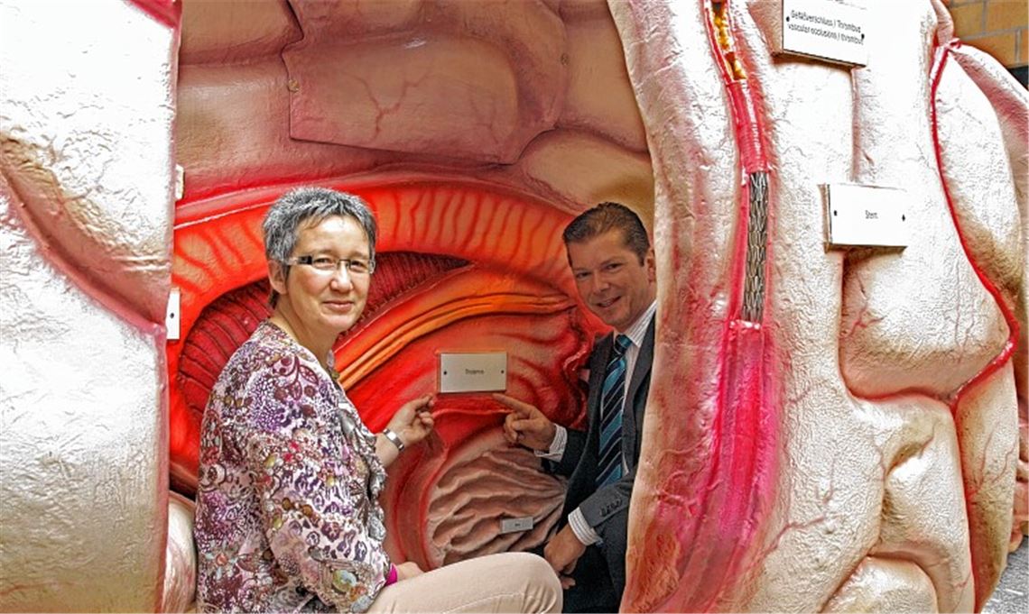 Treffen zwischen Großhirn und Thalamus: Marion Aichele, Mitorganisatorin der Kampagne „Demenz – Ansichtssache“, bedankt sich bei Frank Geissler, Leiter der Krankenkasse DAK Pforzheim und Mühlacker, die es ermöglicht hat, dass das 600 Kilo schwere Modell des menschlichen Gehirns im Rathaus gezeigt werden kann. Foto: Goertz