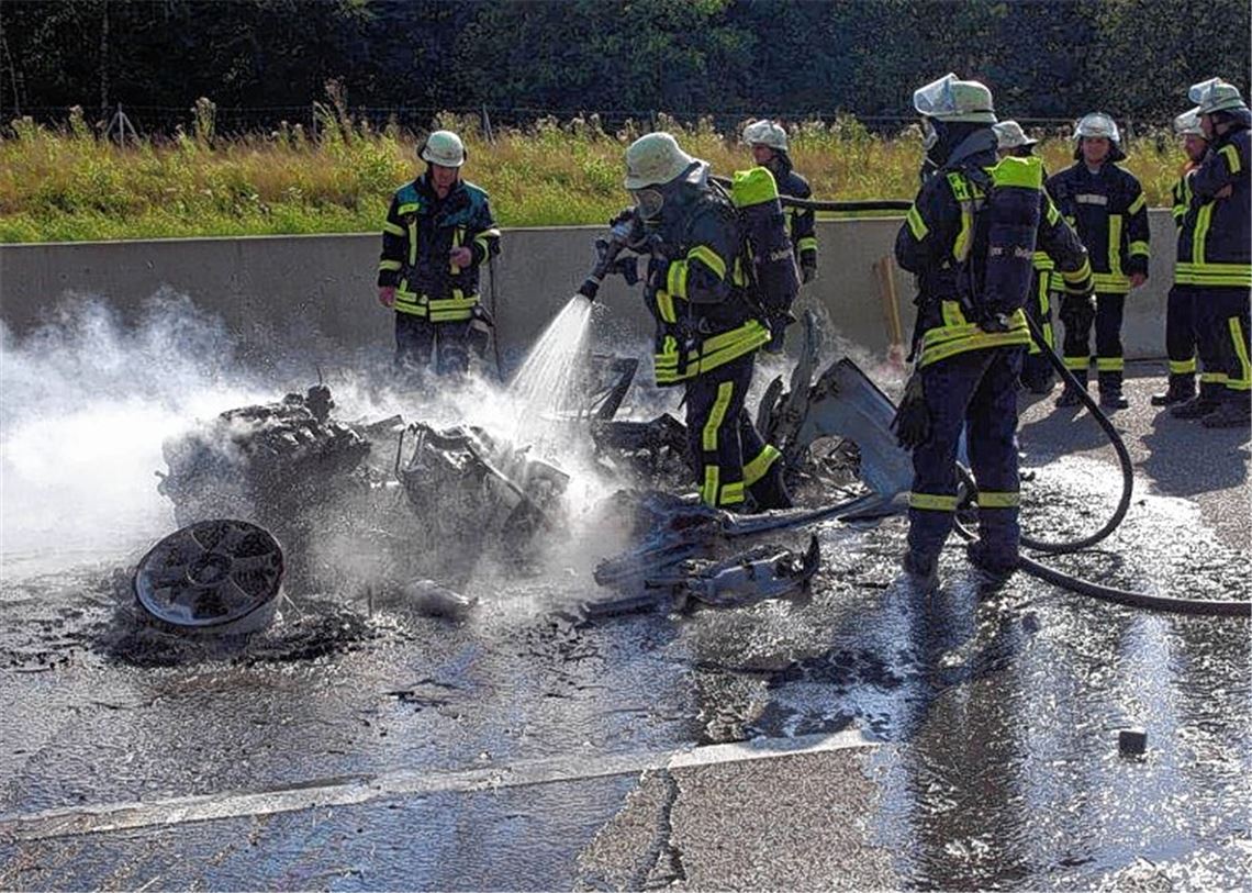 Trotz des Löscheinsatzes der Feuerwehr: Von dem gänzlich ausgebrannten Auto bleibt nicht viel übrig.Foto: pol