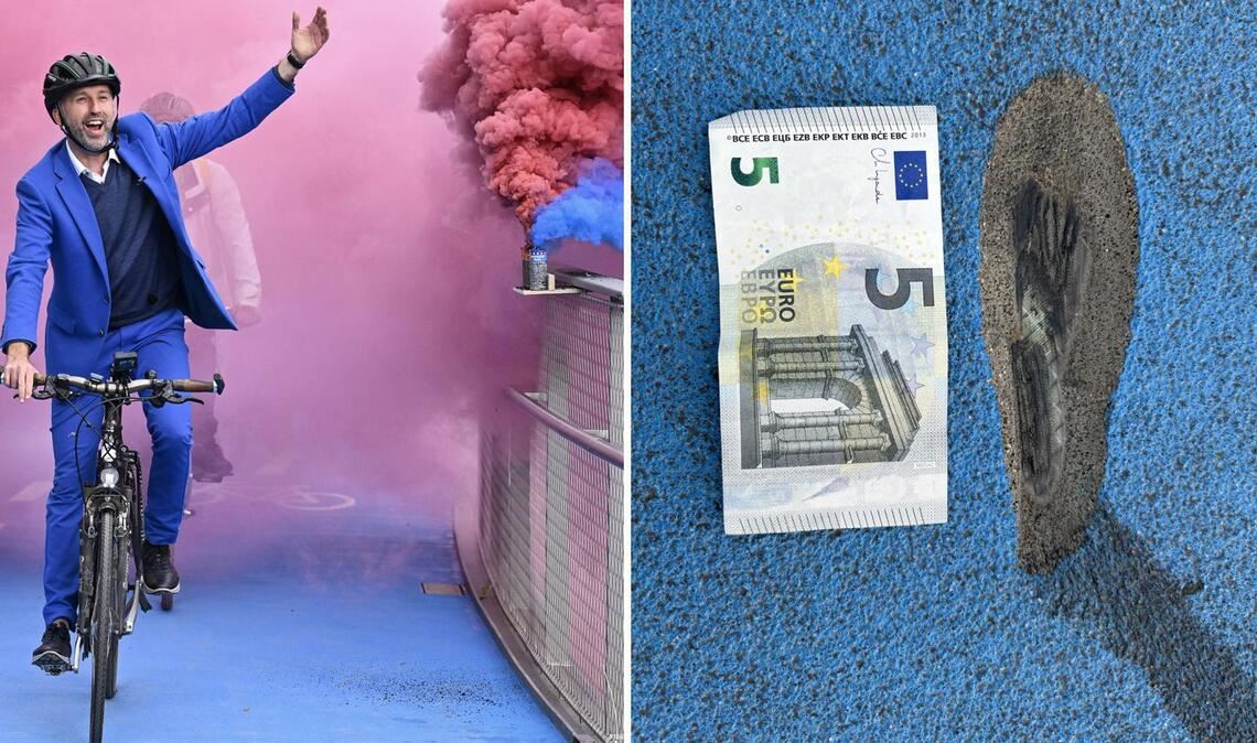 Tübingens OB Boris Palmer bei der Einweihung der Radbrücke im Oktober 2024 (li.). Jetzt gibt es ein etwa zehn Zentimeter großes Loch in der Fahrbahn.