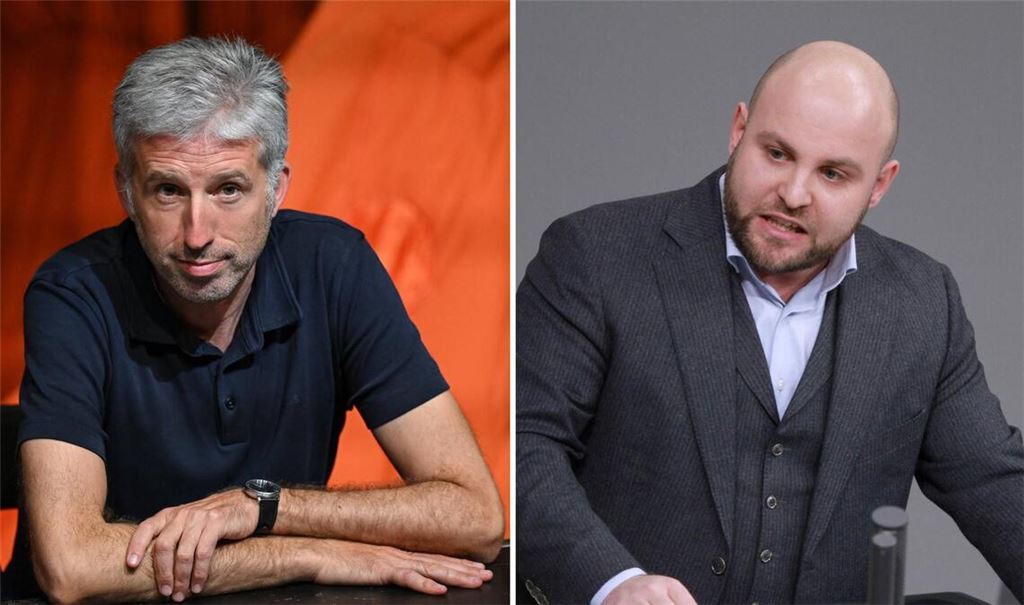 Tübingens OB Boris Palmer (li.) diskutiert am 5. September in einem Streitgespräch mit AfD-Landeschef Markus Frohnmaier.