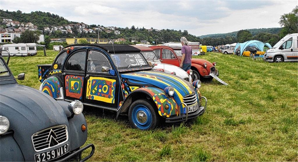 Über Pfingsten hat das 25. Ententreffen in Mühlacker stattgefunden. Rechtes Bild: Die Aufkleber zeigen, dass die Entenfahrer ganz schön weit in der Welt herumkommen. Fotos: Stahlfeld