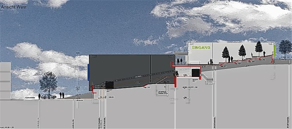Überarbeiteter Entwurf für die geplante Sporthalle in der Mühlacker Goldshalde. Der Gemeinderat hat der neuen Fassung mit verschiedenen Änderungen grünes Licht gegeben. Zeichnung: Stadt Mühlacker
