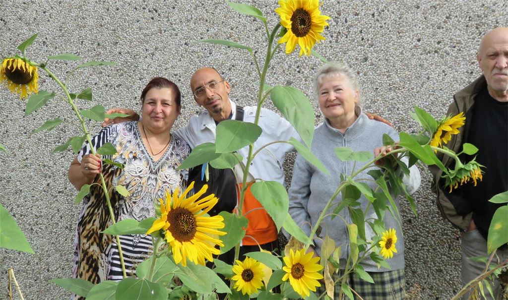 Ukrainisch gelb leuchten die Blumen, die Olga aus Charkiw (li.) pflegt. Mit auf dem Bild: Muhamad, Olga und Serhij (re.). Foto: Becker