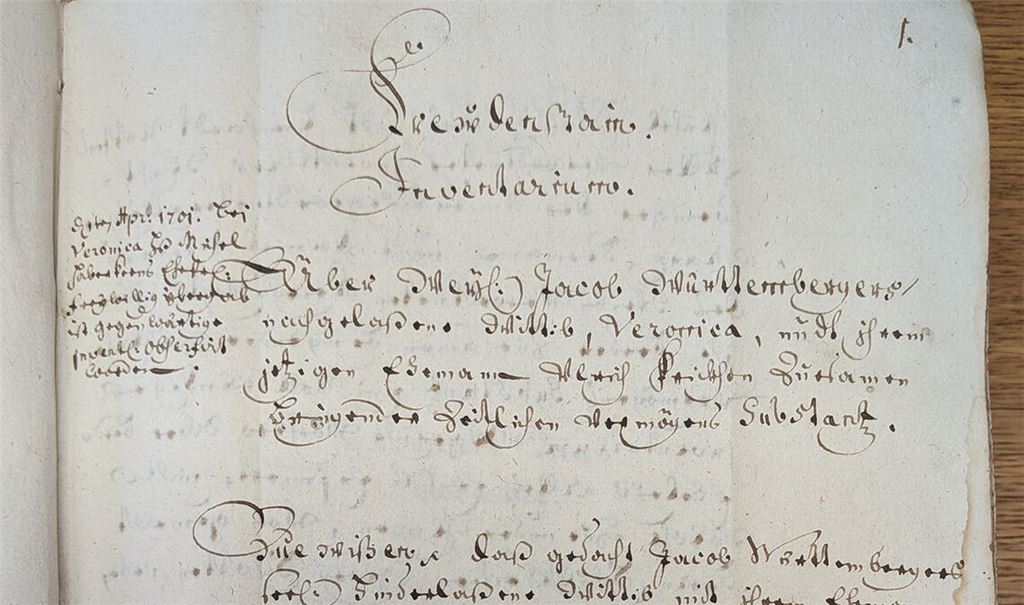 Ulrich Frick heiratet die Witwe Veronica – und das Hab und Gut wird penibel festgehalten. Zu finden sind solche Schätze im Gemeindearchiv Freudenstein. Fotos: privat