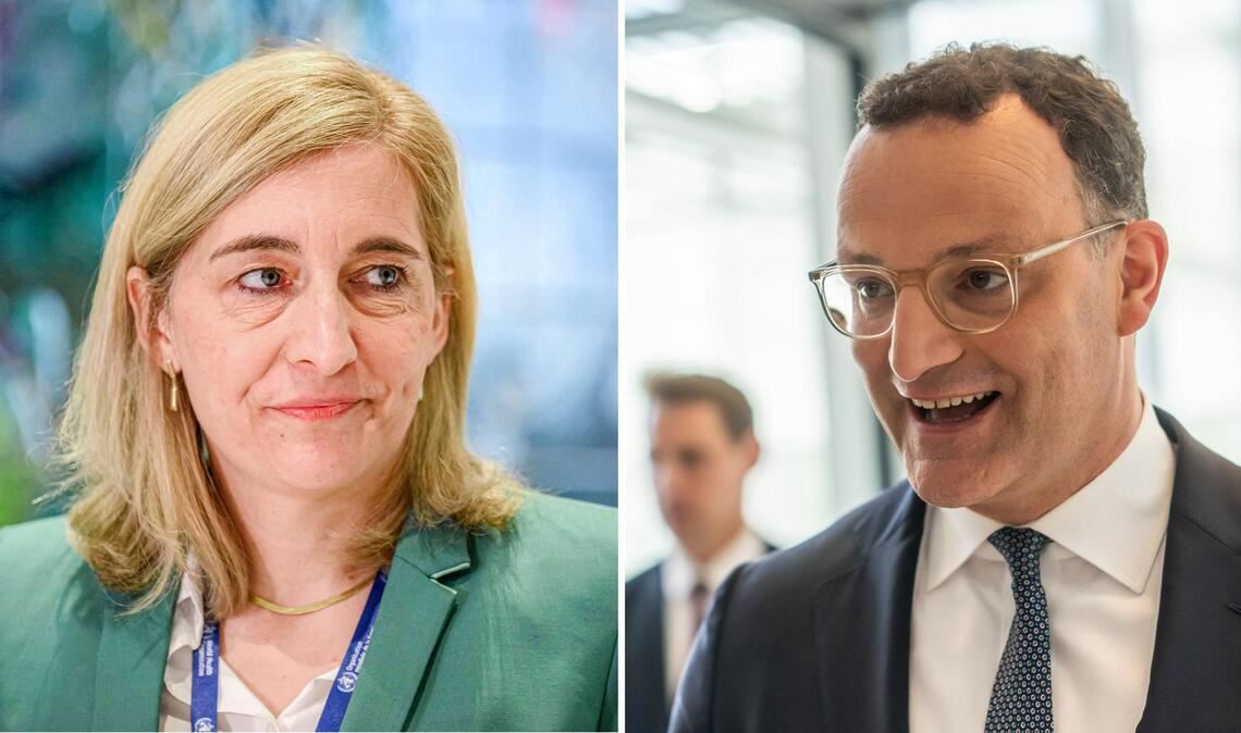Unionsfraktionschef Jens Spahn hat Gesundheitsministerin Nina Warken (links, beide CDU) gegen Kritik an ihren Plänen zur finanziellen Stabilisierung der Pflegeversicherung verteidigt.