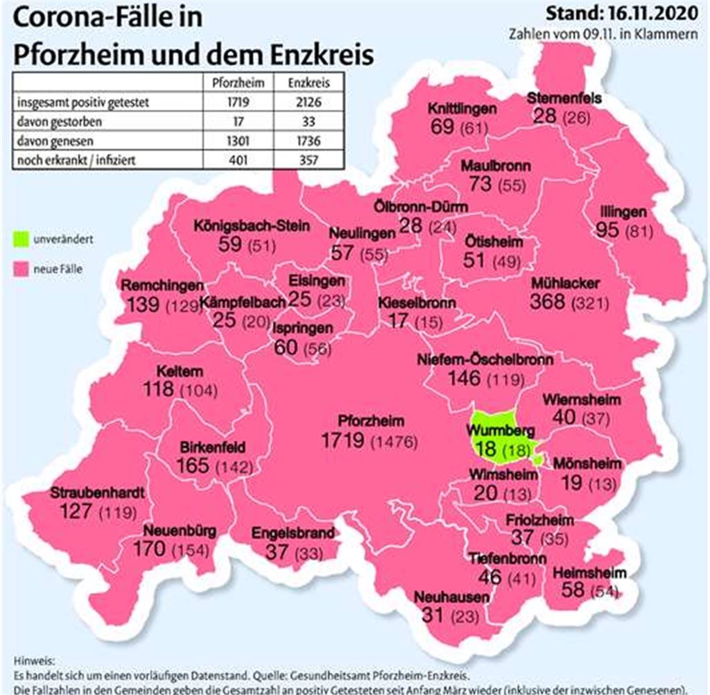 Unsere Corona-Karte zeigt die Entwicklung vom 9. auf den 16. November. Grafik: Mühlacker Tagblatt
