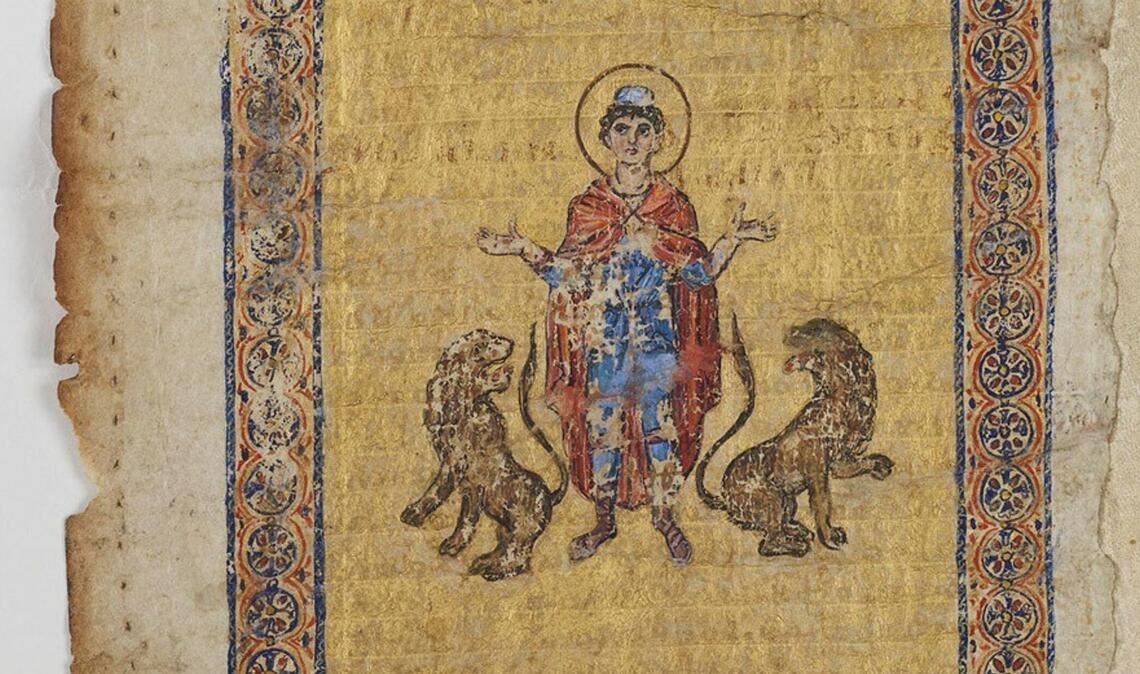 Unter dieser christlichen Illustration verbirgt sich eine byzantinische Abschrift eines Lehrtextes von Archimedes. Diese Seite des Archimedes-Palimpsests wurde erst jetzt wiedergefunden.