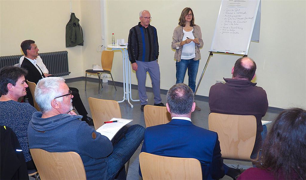 Vereinsbegleiter Harald Schulzek und Helga Jakubowski (stehend), Koordinatorin bei der Freiwilligenagentur, diskutieren mit den Teilnehmern und Teilnehmerinnen. Foto: Müller