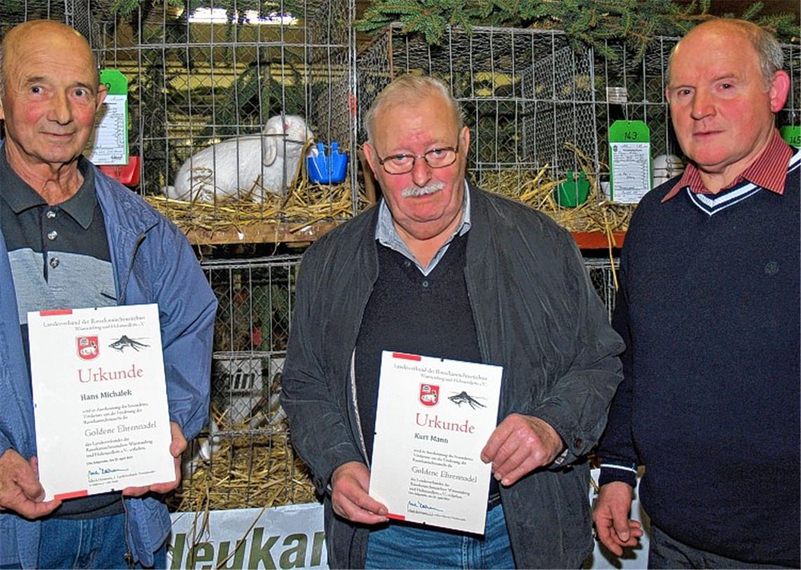 Vereinsvorsitzender Herbert Albrecht überreicht Kurt Mann und Hans Michalek Urkunden des Landesverbands (v. re.). Foto: Filitz