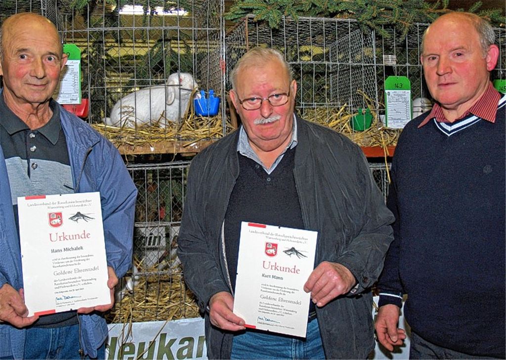 Vereinsvorsitzender Herbert Albrecht überreicht Kurt Mann und Hans Michalek Urkunden des Landesverbands (v. re.). Foto: Filitz