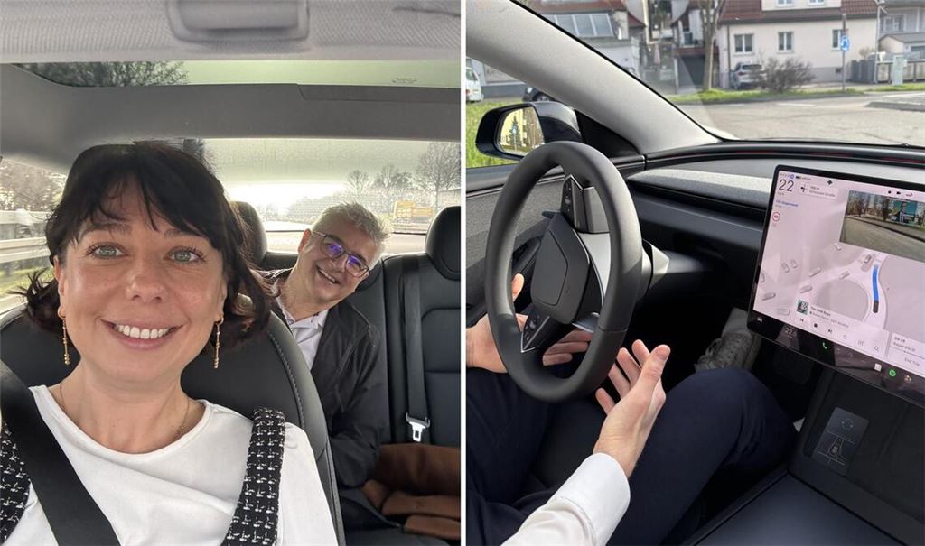Veronika Kanzler und Klaus Köster aus dem Auto-Team im selbstfahrenden Tesla.