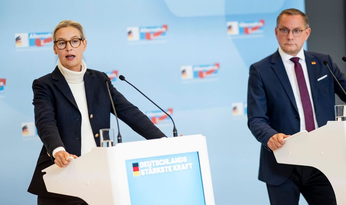 Versammeln die Bundestagsfraktion zur Klausur in Cottbus: Die AfD-Partei- und Fraktionschefs Alice Weidel und Tino Chrupalla. (Archivbild)