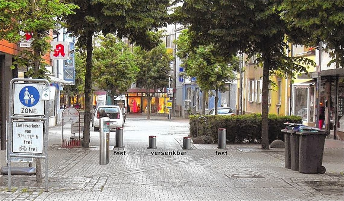 Versenkbare und feste Poller sollen die Fußgängerzone vor Autos schützen. Die Lieferzeit wird voraussichtlich um eine halbe Stunde auf 10.30 Uhr verkürzt.Foto: Stadtverwaltung