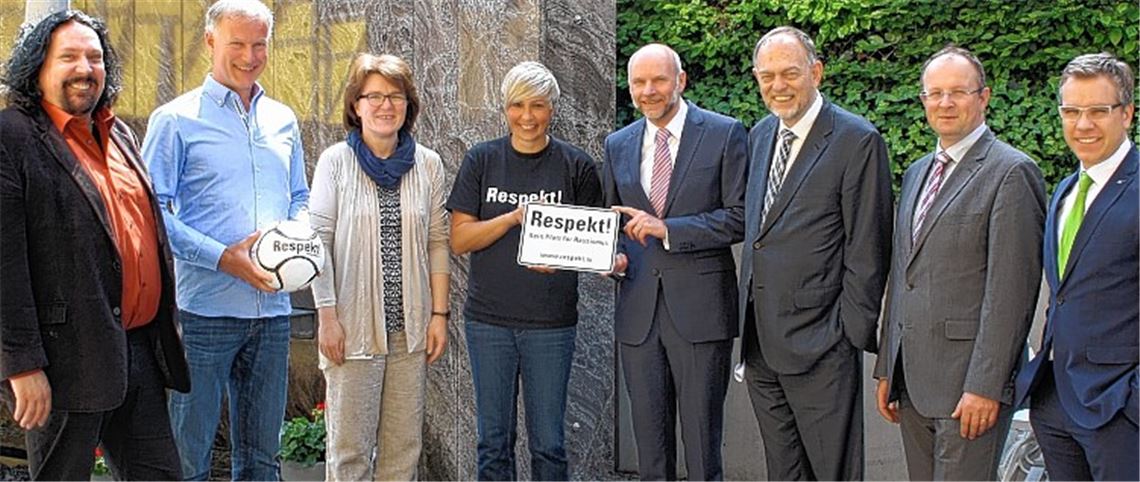 Vertreter der IG Metall, des Betriebsrats und der Geschäftsleitung werben gemeinsam mit der früheren Nationalspielerin Sandra Minnert (Mitte) für die Kampagne „Respekt!“.