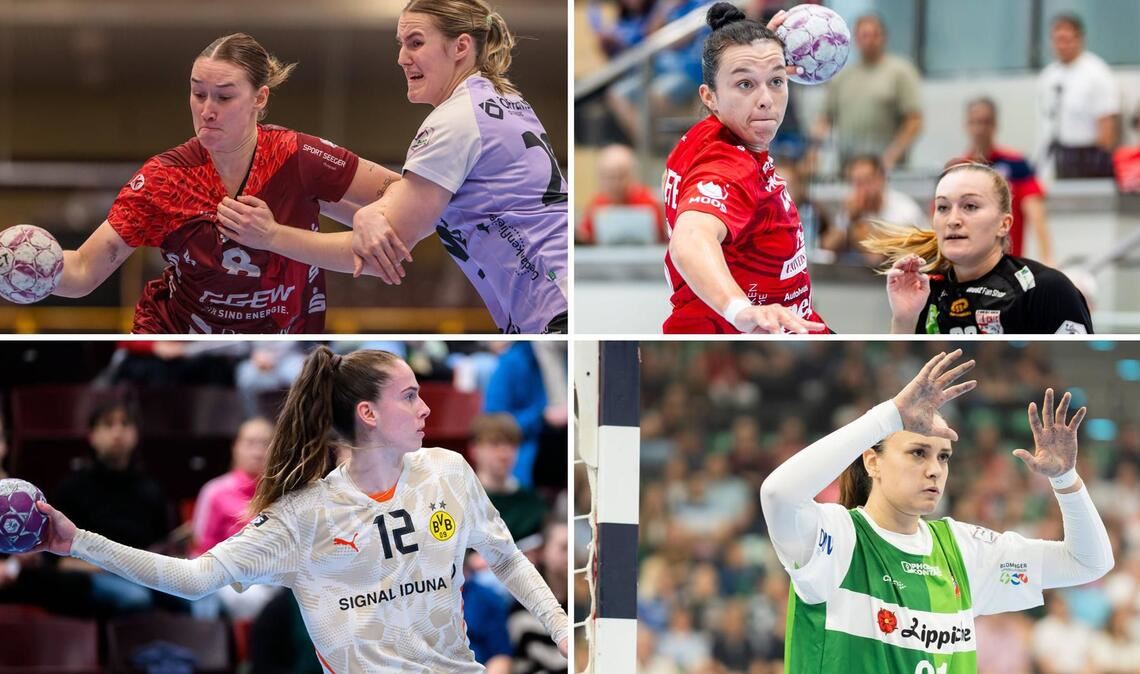 Vier Spielerinnen mit Vergangenheit in Württemberg (v. li. oben im Uhrzeigersinn): Lena Degenhardt (HSG Bensheim-Auerach), Jana Scheib  (Thüringer HC), Nicole Roth (HSG Blomberg-Lippe), Sarah Wachter (Borussia Dortmund).