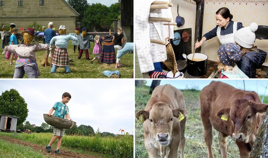 Vogelscheuchen basteln, kochen wie die Uroma, Saat ausstreuen und süße Kälbchen bewundern. Freilichtmuseen starten mit bunten Programmen in die Saison.
