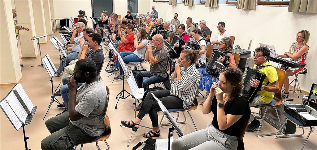 Volle Konzentration: das Mundharmonika-Orchester Knittlingen bei der Einstudierung des neuen Konzertprogramms im Probenraum der Dr. Johannes-Faust-Schule. Links leicht verdeckt Dirigent Manfred Dannecker. Foto: privat