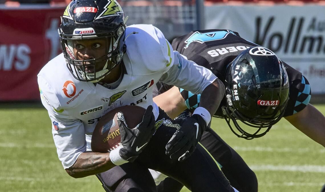 Deshalb geht Stuttgart Surge voller Selbstvertrauen ins Finale Voller Fokus aufs Finale: Mike Harley Jr., Wide Receiver von Stuttgart Surge, beim 27:13-Sieg bei den Munich Ravens.