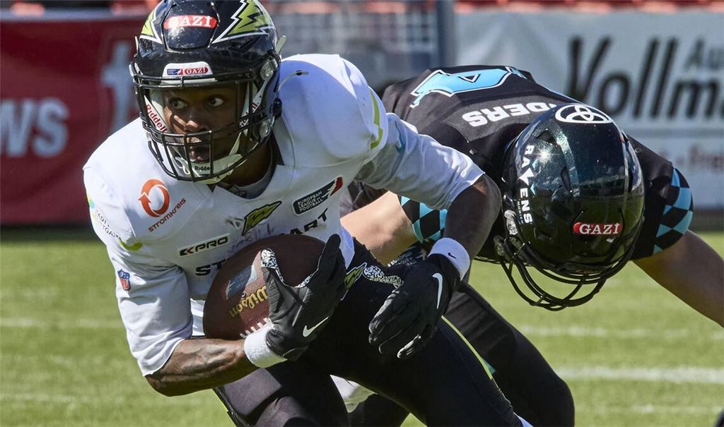Voller Fokus aufs Finale: Mike Harley Jr., Wide Receiver von Stuttgart Surge, beim 27:13-Sieg bei den Munich Ravens.