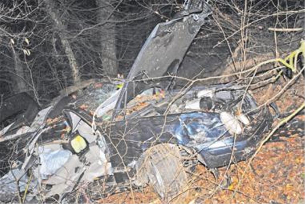 Vollkommen zerstört: Der Mercedes des jungen Iptingers hat nach dem Einschlag an einem Baum nur noch Schrottwert. Fotos: Myroshnichenko