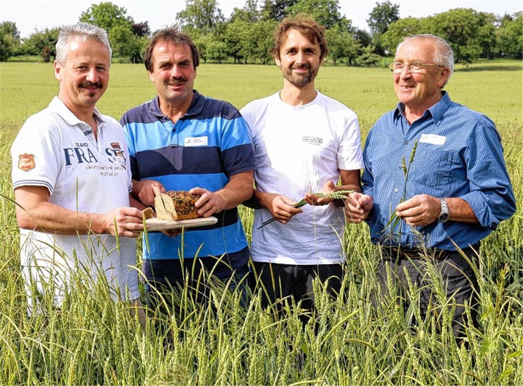 Vom Korn zum Brot (v. li.): Bäcker Jürgen Bauser, Landwirt Rudolf Müller, Klaus Dobler von der Knittlinger Störrmühle und Manfred Kern, Pionier für die Marktgemeinschaft Kraichgau-Korn. Foto: Hansen