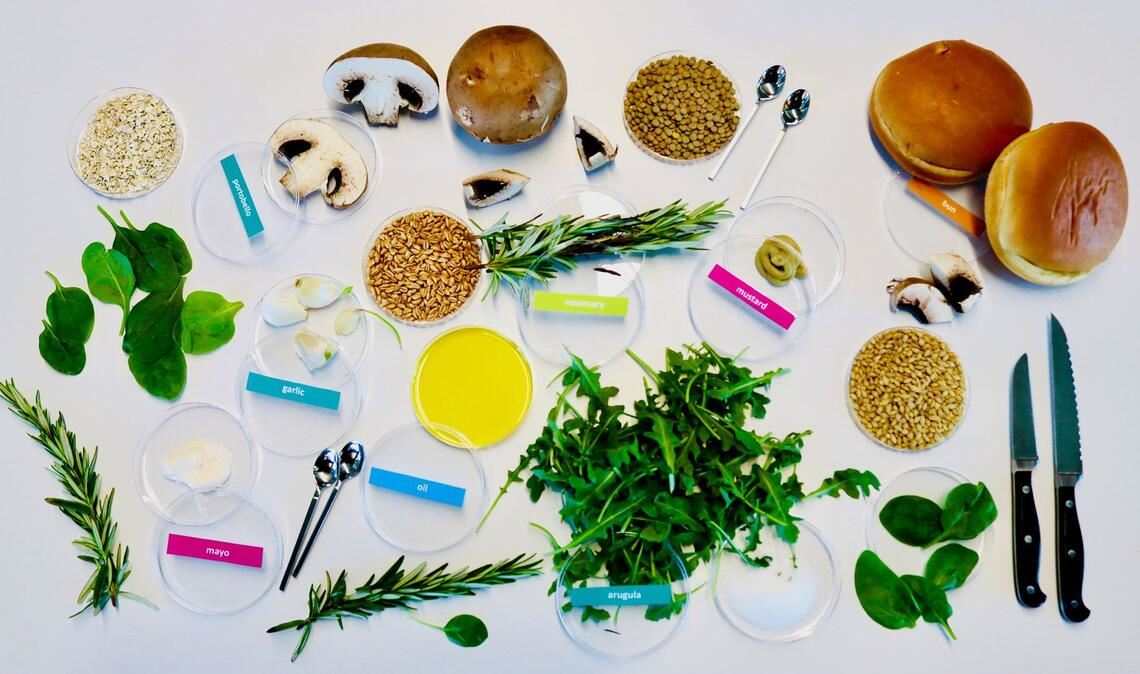 Von KI entworfene Zutaten für einen nachhaltigen und dabei leckeren Burger: unter anderem Zucht-Champignons, Rucola, Rosmarin, Körner und Gewürze.