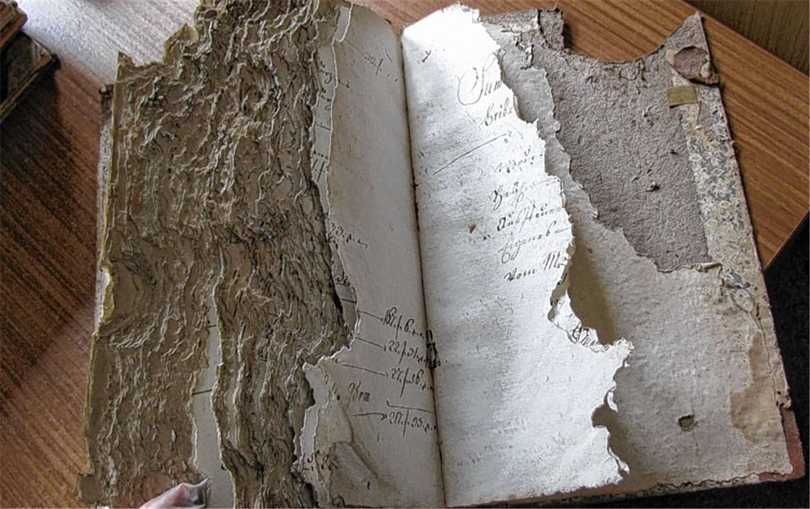 Von Mäusen zerfressener Band aus dem Jahr 1817 im Gemeindearchiv Mönsheim, das Heike Sartorius vom Kreisarchiv derzeit ordnet.