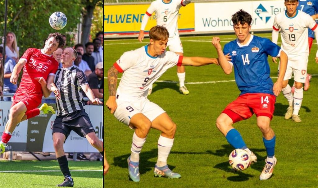Von der Verbandsliga in die Nations League: Der 19 Jahre junge Bruno Poitner trägt normalerweise das rote Trikot des SV Fellbach (linkes Bild), kommt mittlerweile aber auch bereits auf fünf Einsätze für die A-Nationalmannschaft Liechtensteins.