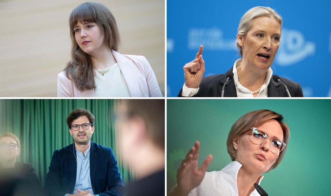 Von vorbildlich bis fragwürdig – die Abstimmungsdisziplin von prominenten Politikern wie Ricarda Lang (o.l., Grüne), Alice Weidel (o.r., AfD), Luigi Pantisano (u.l., Linke) oder Franziska Brantner (u.r., Grüne).