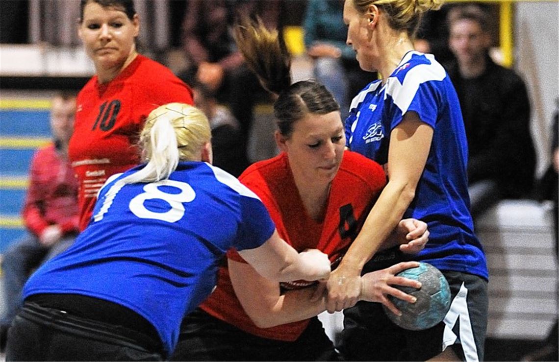 Vor etlichen begeisterten Fans bieten die Frauen des TSV Wiernsheim (rote Trikots) gegen BBM Bietigheim III ihr möglicherweise bestes Spiel der letzten zwei Jahre. Foto: Fotomoment