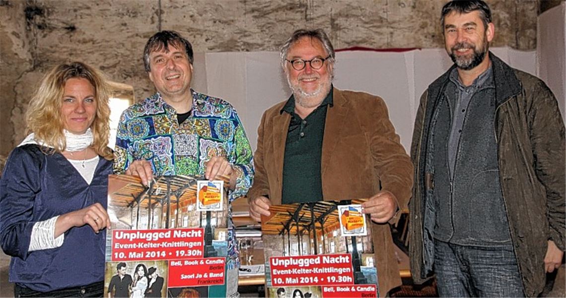 Vorfreude bei den Organisatoren auf die erste Knittlinger Unplugged Night am 10. Mai: Faustmuseum-Mitarbeiterin Denise Roth (v. li.), Wieland Eberle vom Cellarium, FBK-Vorsitzender Gerd Schweizer und Cellarium-Mitarbeiter Wolfgang Burger 