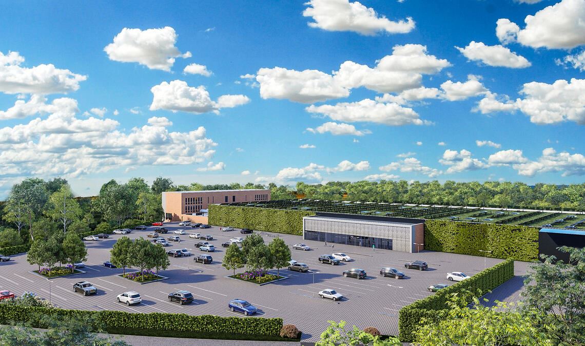 Vorgeschmack: Die Animation gibt einen Eindruck davon, wie die Kirschbaum Immobilien GmbH ihr 2,9 Hektar großes Eckgrundstück an der Vetterstraße/Ziegeleistraße bebauen will. Geplant sind ein etwa 9000 Quadratmeter großer Baumarkt mit begrünter Fassade und Photovoltaikanlage auf dem Dach und, links daneben, ein modernes Bürogebäude. Grafiken: privat