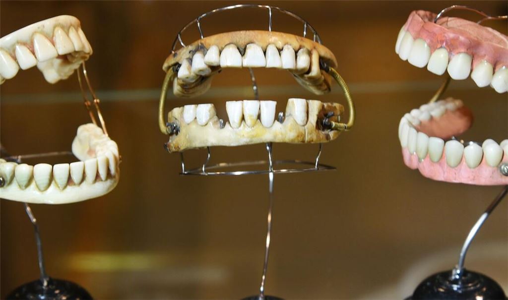 Vorsicht vor menschlichen Gebissen: Im Colditzer Dentalmuseum (Sachsen) sind in einer Vitrine Zahnprothesen zu sehen.