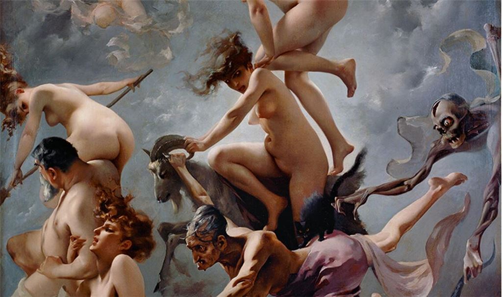 „Walpurgisnacht. Der Aufbruch der Hexen“, Ölgemälde von  Luis Ricardo Falero (1878):  In der Walpurgisnacht sollen Hexen auf Besen,  Katzen oder Ziegenböcken auf den Blocksberg im Harz reiten, um am großen Hexentanz teilzunehmen.