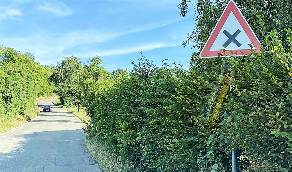 Warnzeichen vor der nicht einsehbaren Einmündung des Weges vom Dahberg in die Fuchsensteige bei Lomersheim. Foto: privat