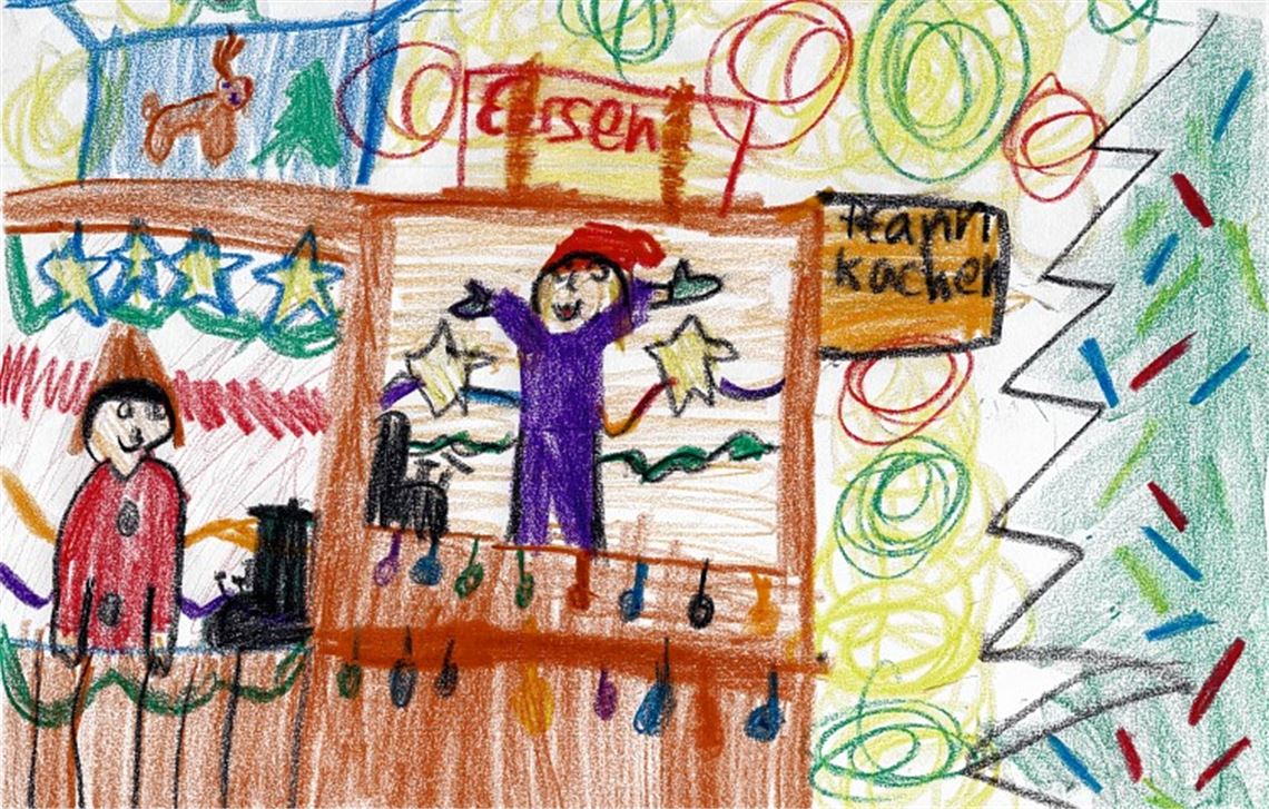 Weihnachtsmarkt in Mühlacker, gemalt im Auftrag unserer Zeitung von der siebenjährigen Hannah.