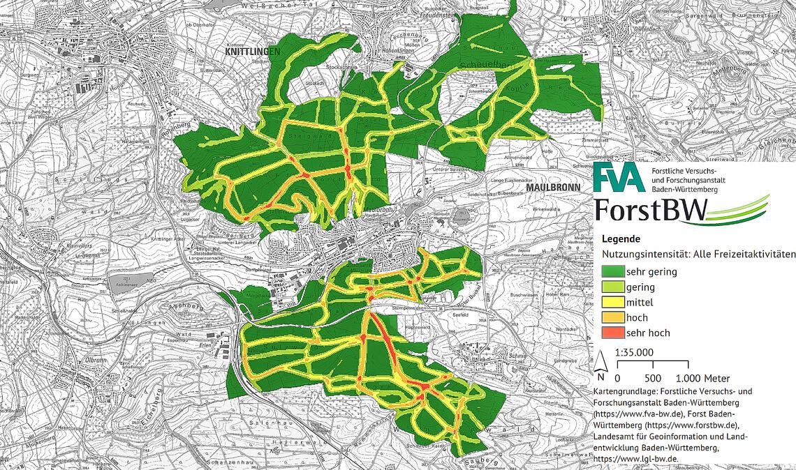 Welche Bereiche des Maulbronner Staatswaldes stark genutzt werden, zeigt diese Karte. Auf dieser Grundlage kann ForstBW seine Aktivitäten im Wald besser steuern. Karte: ForstBW