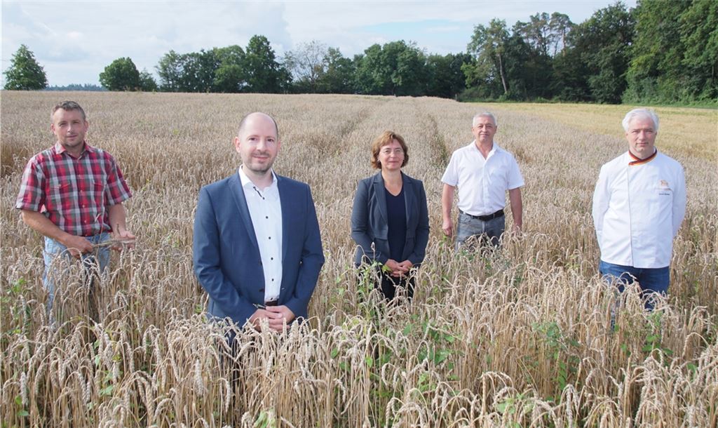 Wenig euphorische Zwischenbilanz in der Erntezeit (v. li.): Ulrich Hauser, Dr. Daniel Sailer, Petra Rauch, Jochen Schneider und Martin Reinhardt.Roller