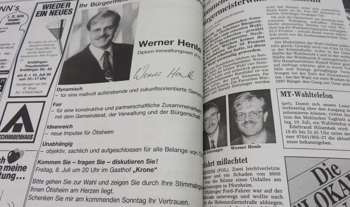 Wenige Tage vor dem zweiten Wahlgang im Juli 1994 warb Werner Henle nochmals für sich. Erfolgreich. Es sollte nicht bei einer Amtszeit als Bürgermeister bleiben. Inzwischen hat der 67-Jährige 30 Jahre als Schultes absolviert. Fotos: Becker/Disselhoff/privat