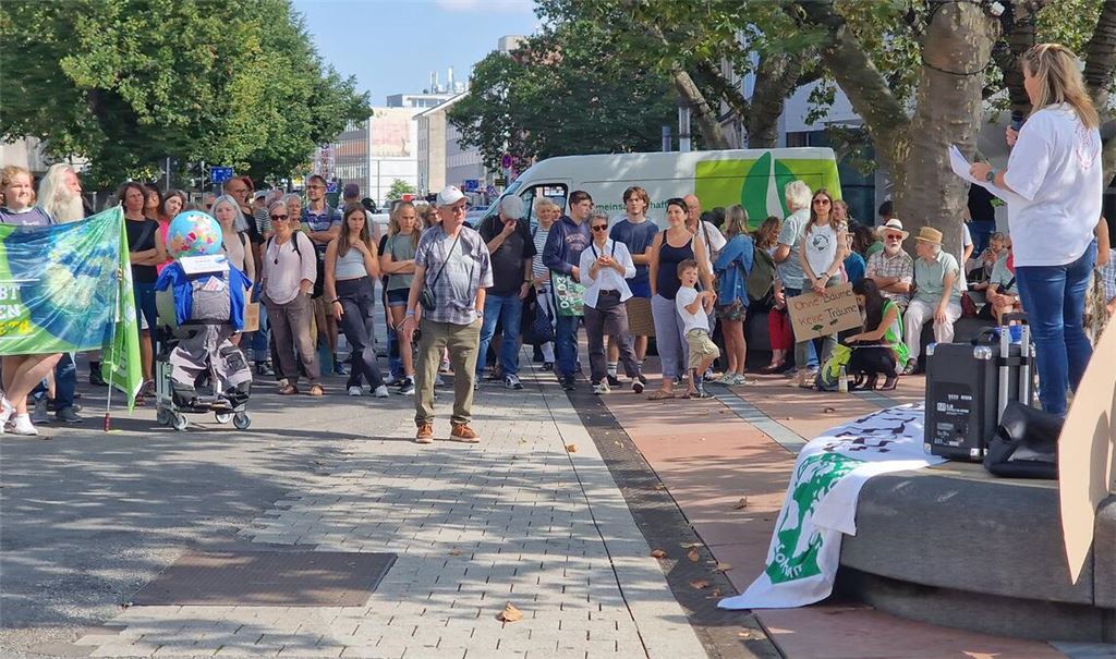 Weniger Teilnehmer als beim letzten Mal im März sind am Freitag beim Klimastreik auf dem Marktplatz in Pforzheim mit von der Partie. Foto: Friedrich
