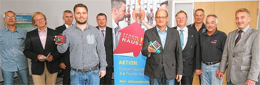 Werben für die „Abwrackprämie“ beim Austausch alter Heizungspumpen (jeweils von links): Vorne Michael Mürdter mit alter und Georg Fritz mit neuer Pumpe, hinten Oliver Sperle, Jürgen Meeh (beide Stadtwerke), Robert Morak (Volksbank), Gerd Owczarek (Sparkasse), Innungsobermeister Joachim Butz, Joachim Scheerle, Wolfgang Vetter und Matthias Bosch (Stadtwerke).