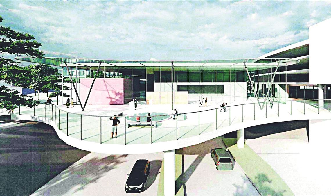 Wie eine Schneise durchschneidet die vierspurige Bundesstraße die Mühlacker Stadtmitte. Um die „tote Fläche“ zumindest teilweise zu nutzen, gibt es jetzt die Idee, die neue Stadthalle über die B10 zu schieben (siehe Grafiken) und die freien Flächen am früheren Mühlehof-Standort für einen Komplex für Handel, Büros und Wohnungen zu nutzen. Die Animationen, relativiert Oberbürgermeister Schneider, seien nur als „Platzhalter“ zu verstehen, weil das konkrete Projekt, sollte es umgesetzt werden, mutmaßlich völlig anders aussehen werde. Animation: MESA, Drohnen-Foto: Schramm