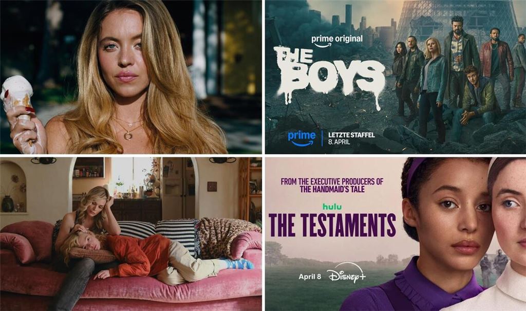 Wie wäre es zum Beispiel mit „Euphoria“, „The Boys“, „The Testaments“ oder „Only Margo“ (von links oben im Uhrzeigersinn)? Einige unserer Streamingtipps im April