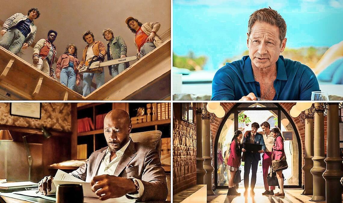 Wie wär’s zum Beispiel mit „Stranger Things“, „Malice“, „Maxton Hall“ oder „Watson“ (von links oben im Uhrzeigersinn)? Unsere Serientipps für November.