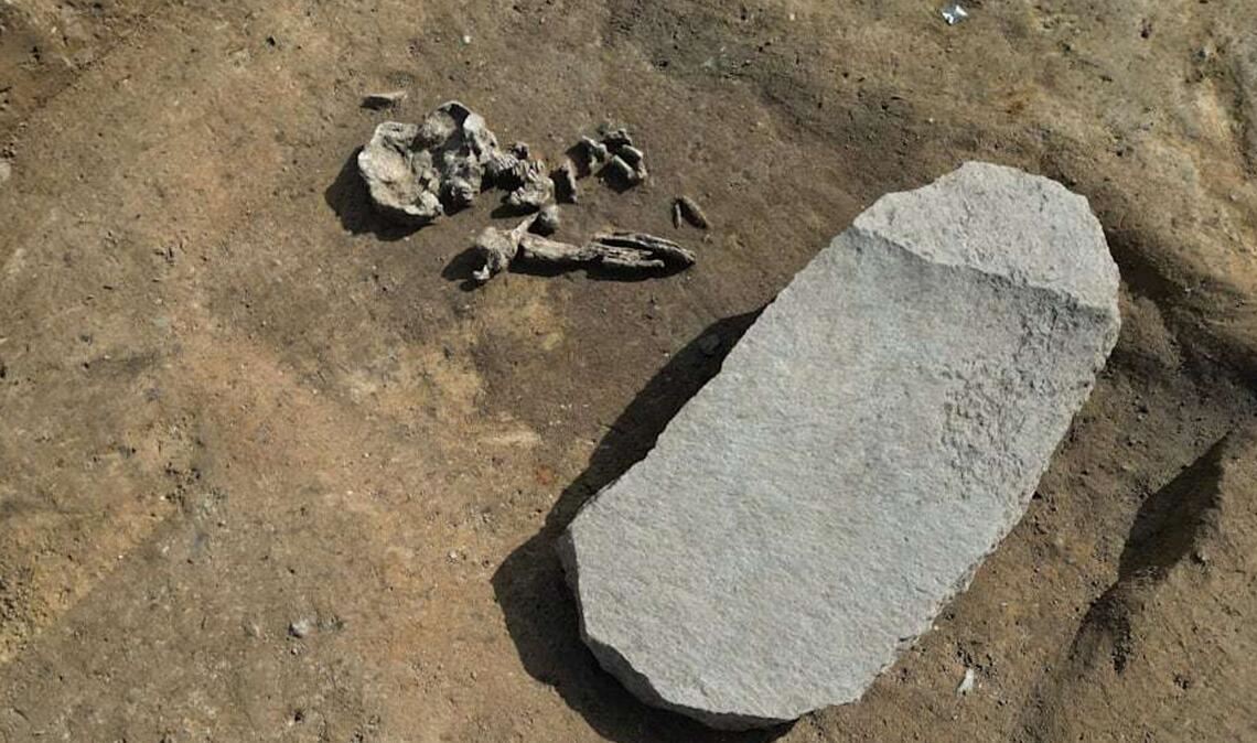 Wiedergänger-Grab in Oppin (Sachsen-Anhalt): Dieser ein Meter lange, 50 Zentimeter breite und zehn Zentimeter hohe Stein sollte verhindern, das der Verstorbene aus dem Reich der Toten zurückkehrt.