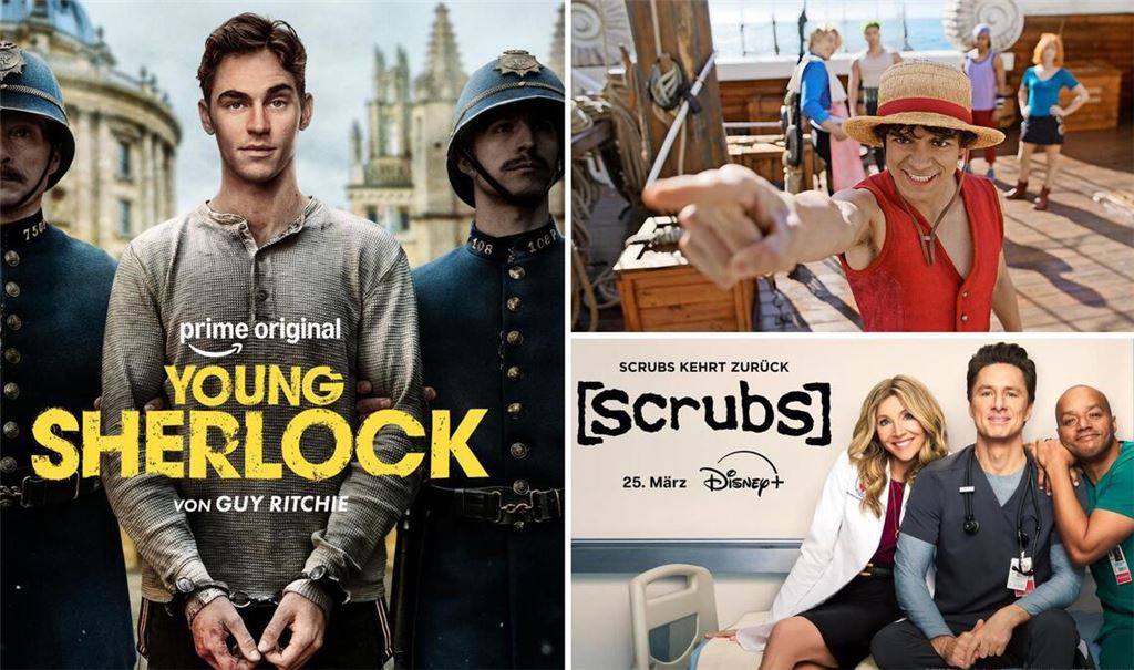 Wir wäre es zum Beispiel mit „Young Sherlock“, „One Piece“ oder „Scrubs“ (von links im Uhrzeigersinn)? Drei unserer Serientipps im März
