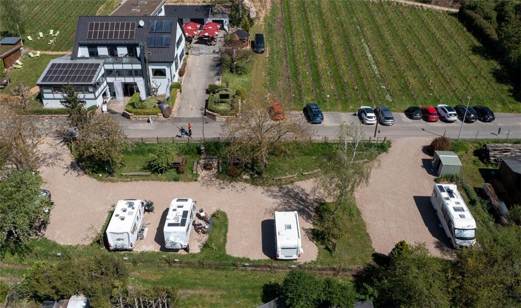 Wohnmobilstellplätze auf dem Gelände eines Weinguts im Rheingau.