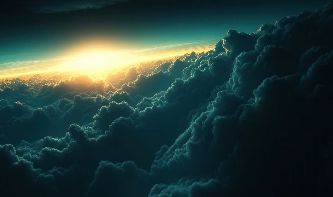 Wolken türmen sich zu einem gewaltigen Himmelsgebirge auf, während die Sonne aufgeht.