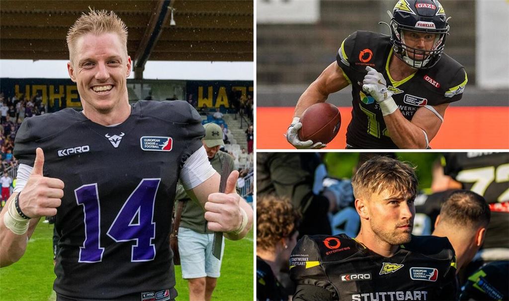 Yannick Mayr (li.) ist einer der Stars der Vienna Vikings. In den vergangenen beiden Jahren trug der Wide Receiver das Trikot von Stuttgart Surge (re./o.), dessen Abwehrspieler Ben Wenzler (re./u.) einer seiner besten Freunde ist – im ELF-Finale spielen die beiden nun gegeneinander.